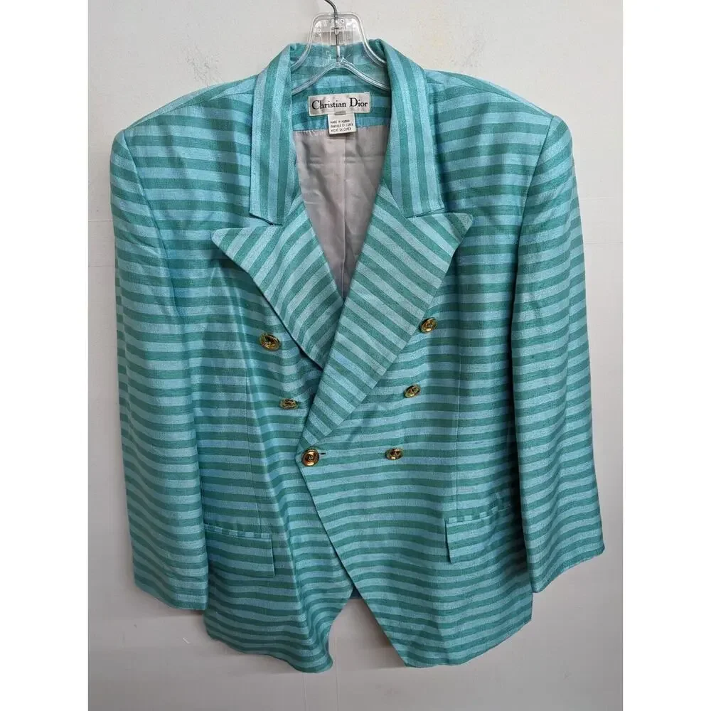 Vintage Christian Dior Women's Silk Jacket Teal Blue Striped 100% Silk Size 16